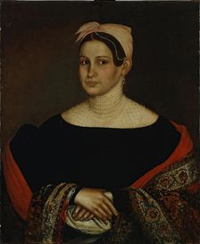 Portrait of a Merchant Wife in a Low-cut Black Dress with Puffed Sleeves, 1838. Creator: Ivan Tarkhanov
