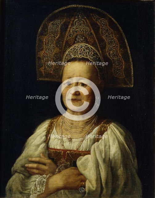 Portrait of a Merchant Woman in Kokoshnik, 1796. Artist: Drozhdin, Petro Semyonovich (1745-1805)