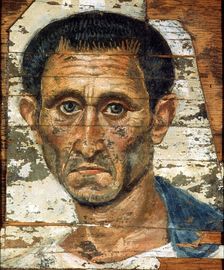 Portrait of a middle-aged man in a blue cloak, Romano-Egyptian mummy portrait, late 1st century