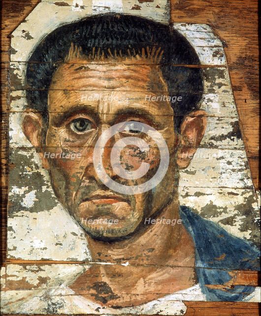 Portrait of a middle-aged man in a blue cloak, Romano-Egyptian mummy portrait, late 1st century. Artist: Unknown