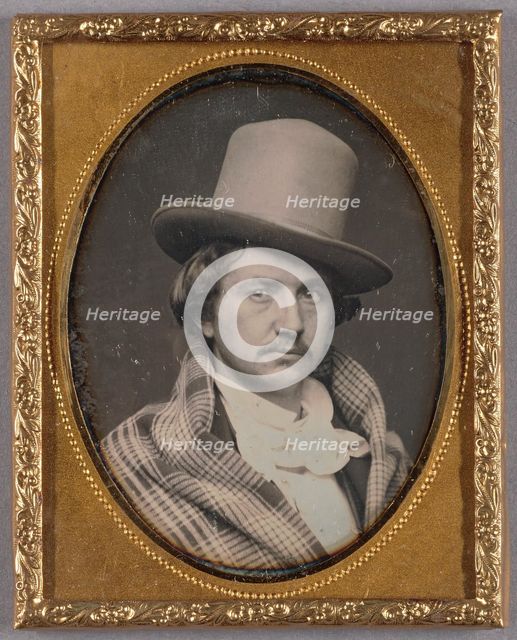 Portrait of a Moustachioed man wearing a large, tall hat, 1850s. Creator: Unknown.