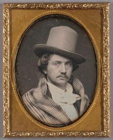 Portrait of a Moustachioed man wearing a large, tall hat, 1850s. Creator: Unknown