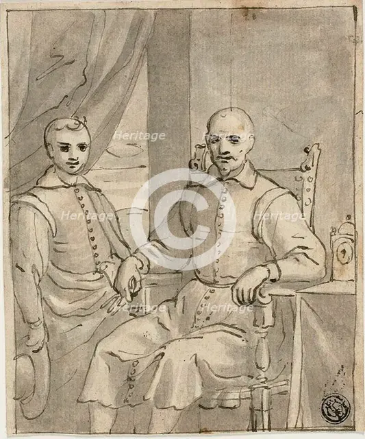 Portrait of a Seated Ecclesiastic and a Standing Boy, c.1610. Creator: Bernardo Castello.
