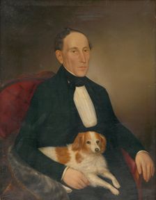 Portrait of a seated man with a dog, 1853. Creator: Palinka