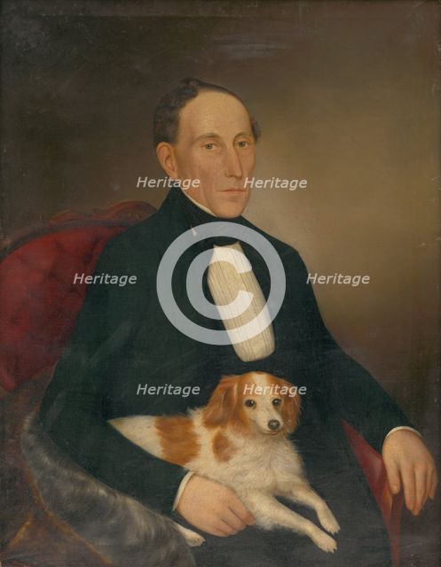 Portrait of a seated man with a dog, 1853. Creator: Palinka.