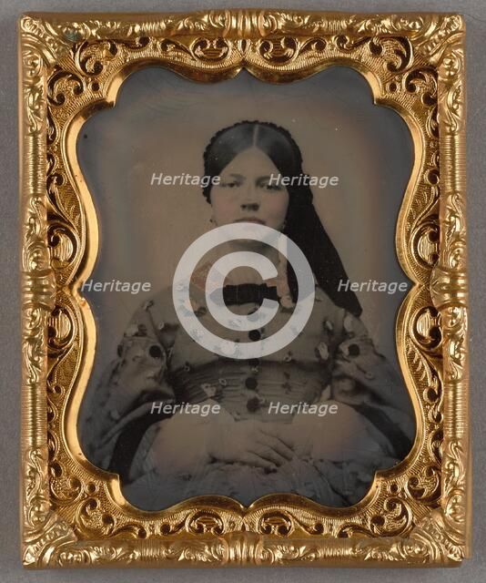 Portrait of a Seated Woman in Bonnet with Ties to the Side, about 1860. Creator: Unknown.
