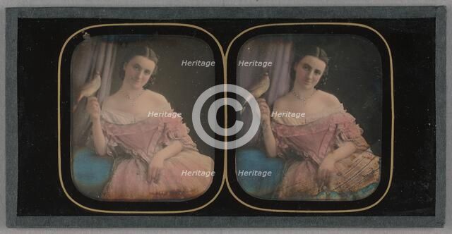 Portrait of a Seated Woman with a Bird Perched on Her Finger, about 1855. Creator: Unknown.