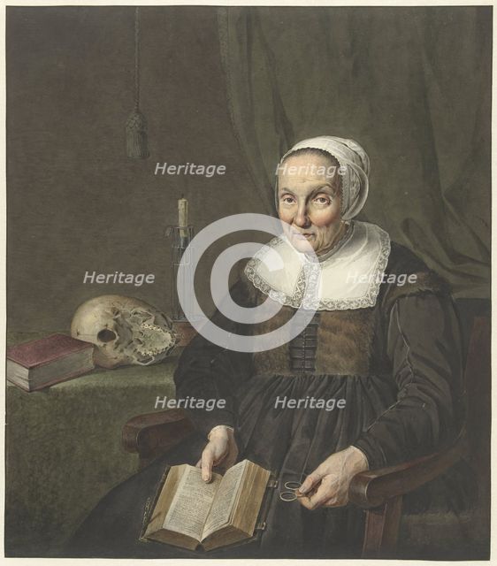 Portrait of a sitting old woman with opened book, 1780-1834. Creator: Jean Pierre de Frey.