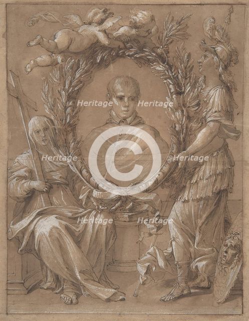 Portrait of an Ecclesiastic Flanked by a Female Saint and Athena, 17th century. Creator: Anon.