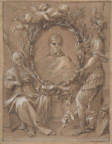 Portrait of an Ecclesiastic Flanked by a Female Saint and Athena, 17th century. Creator: Anon