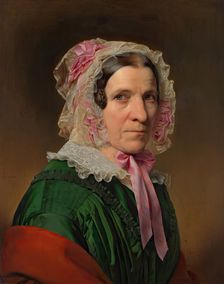 Portrait of an elderly lady wearing a lace bonnet and pink ribbons, 1849. Creator: Franz Eybl