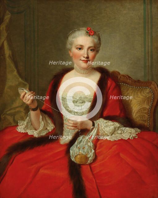 Portrait of an elegant lady, holding a weaving shuttle, 1751. Creator: Allais, Pierre (1700-1782).