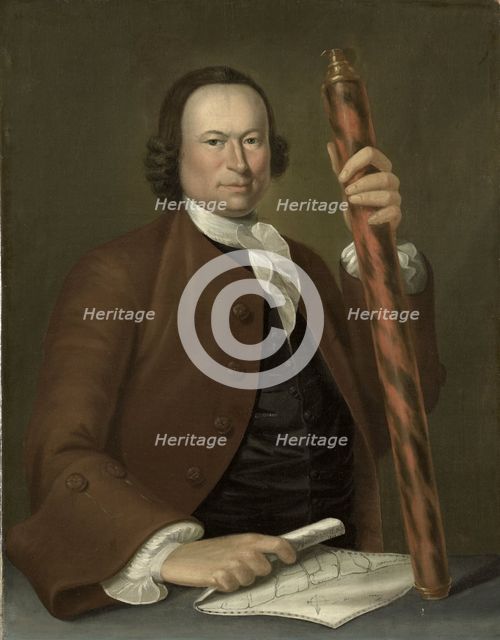 Portrait of an Officer at Sea with Coastal Map and Binoculars in his Hand, 1760. Creator: John Greenwood.
