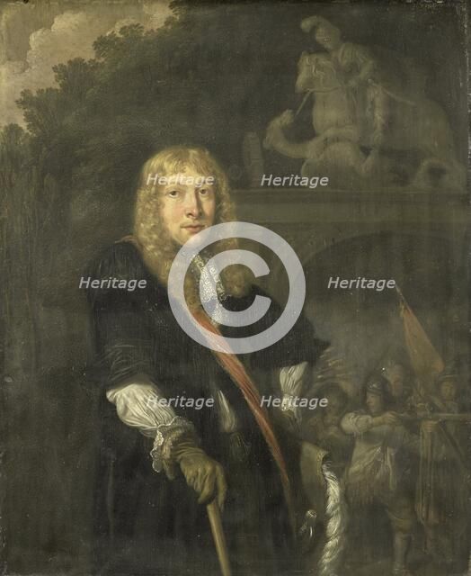 Portrait of an officer of the Leiden civic guard in front of the gate of the headquarters of the St. Creator: Domenicus van Tol.