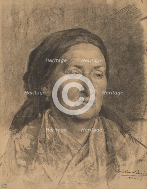 Portrait of an old woman in a scarf, 1881. Creator: Jeno Jendrassik.