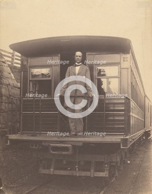Portrait of an unidentified man standing on rear platform of a train, about 1863. Creator: Unknown.