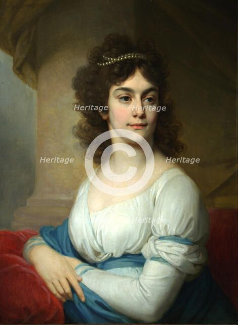 Portrait of an Unknown Woman in white gown with blue ribbon, End 1790s. Artist: Borovikovsky, Vladimir Lukich (1757-1825)