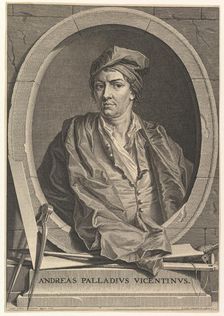 Portrait of Andrea Palladio in half-length within an oval frame; a compass, carpenter's sq..., 1716. Creator: Bernard Picart