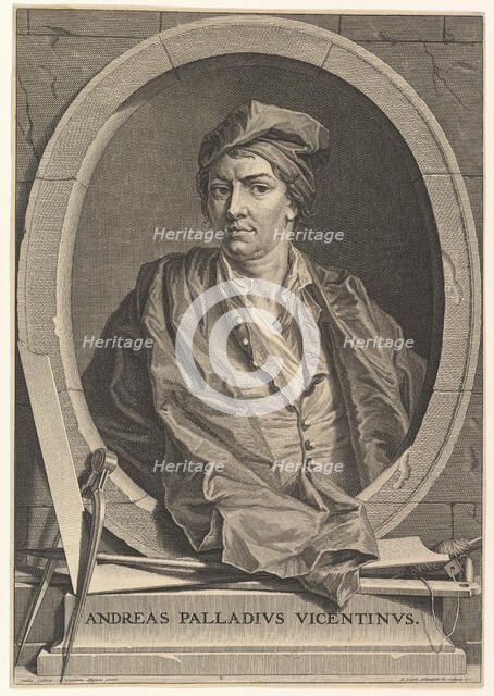 Portrait of Andrea Palladio in half-length within an oval frame; a compass, carpenter's sq..., 1716. Creator: Bernard Picart.