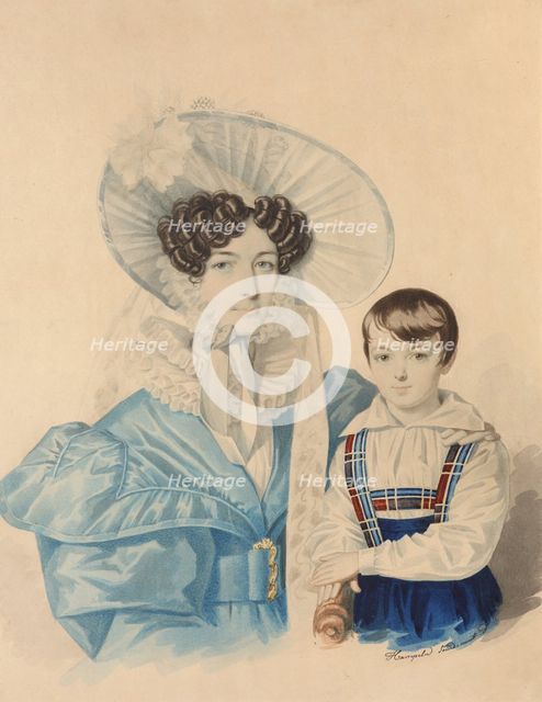 Portrait of Anna Platonovna Plautina (1808-1886) with her son, 1830s. Creator: Hampeln, Carl, von (1794-after 1880).
