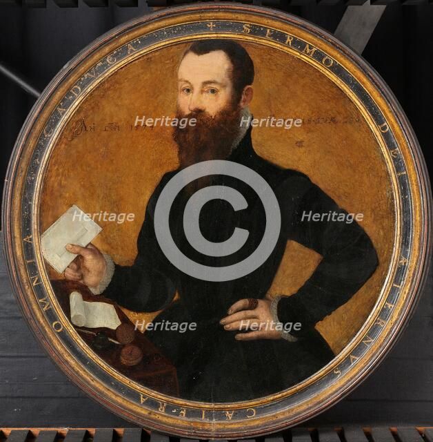 Portrait of Adam Wachendorff, with a Putto Blowing Bubbles, 1574. Creator: Cornelius Ketel.