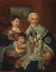 Portrait of Admiral Count Grigory Grigoryevich Kushelev (1754-1833) with children, 1809