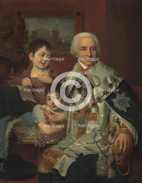 Portrait of Admiral Count Grigory Grigoryevich Kushelev (1754-1833) with children, 1809.
