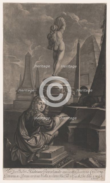 Portrait of Adrian Beverland Drawing a Statue of Callipygian Venus, 1686. Creator: Isaac Beckett.