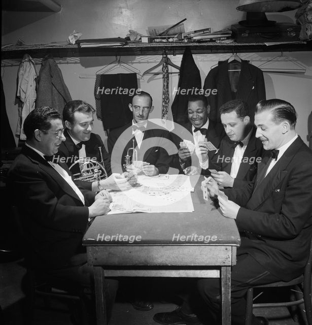 Portrait of Al Hall and with pit band, Broadway show, "Barefoot Boy With Cheek"(?), N.Y., 1946. Creator: William Paul Gottlieb.