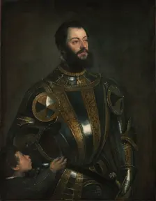 Portrait of Alfonso d'Avalos, Marchese del Vasto, in Armor with a Page, probably Jan-Feb 1533. Creator: Titian