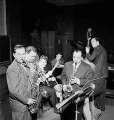 Portrait of Art Drelinger, Billy Butterfield, Bunny Shawker, Stan..., Columbia studio, N.Y., 1947. Creator: William Paul Gottlieb