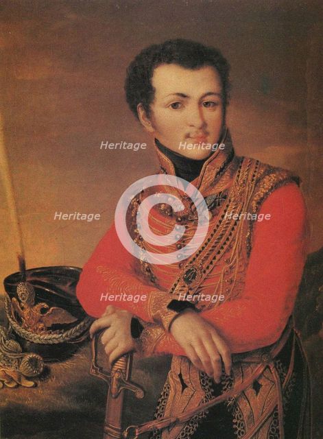 Portrait of Artemy Lazarev (1791-1813), Staff ride master of the Life-Guards Hussar Regiment, 1820s. Artist: Anonymous  