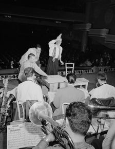 Portrait of Bob Graettinger, Pete Rugolo, and Stan Kenton, Richmond, Va.(?), 1947 or 1948. Creator: William Paul Gottlieb