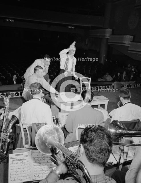 Portrait of Bob Graettinger, Pete Rugolo, and Stan Kenton, Richmond, Va.(?), 1947 or 1948. Creator: William Paul Gottlieb.