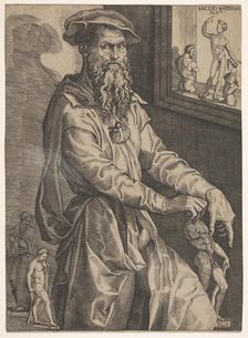 Portrait of Baccio Bandinelli, in three-quarter length next to a window pane contai..., ca. 1540-48. Creator: Niccolo della Casa