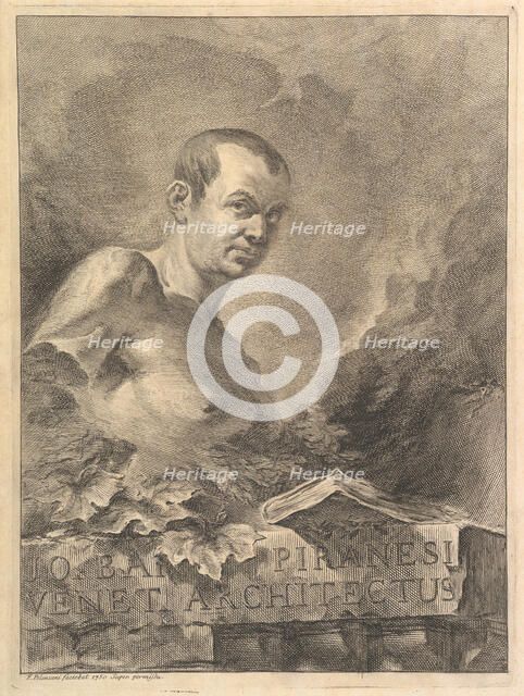 Portrait of G.B. Piranesi in imitation of an antique bust, from Opere varie di Architettur..., 1750. Creator: Francesco Polanzani.