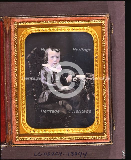 Portrait of George Burtis Lee, seated with arm resting on table with tablecloth, Dec.18, 1855. Creator: T H Newcomer.