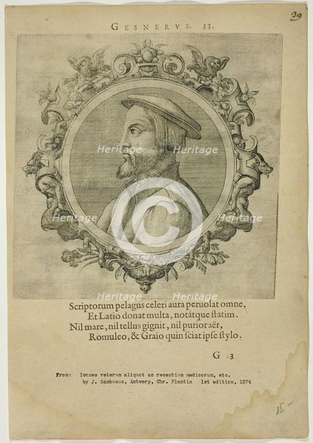 Portrait of Gesnerus, published 1574. Creators: Unknown, Johannes Sambucus.