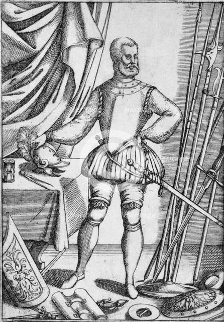 'Portrait of Giacomo Di Grassi, showing weapons the use of which he taught his pupils', 1575, (1936) Artist: Unknown.