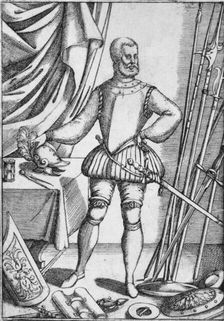 Portrait of Giacomo Di Grassi, showing weapons the use of which he taught his pupils 1575, (1936)