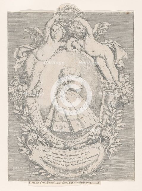 Portrait of Giovanni Girolamo Sbaraglia, within an oval flanked by two putti on cornucopia..., 1716. Creator: Donato Creti.