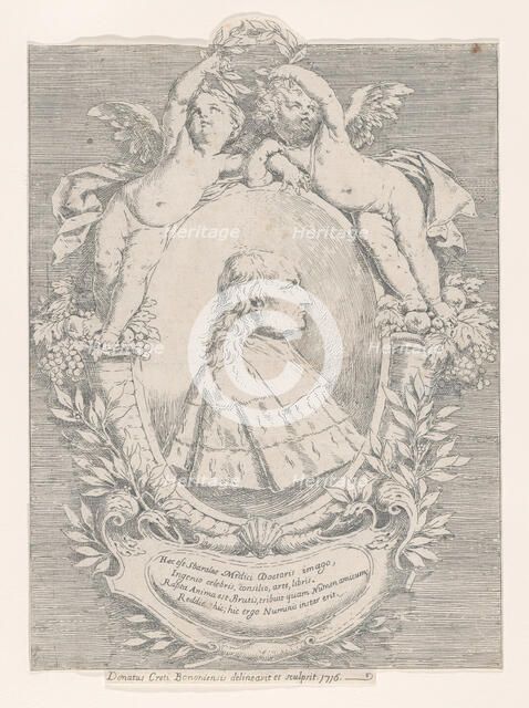 Portrait of Giovanni Girolamo Sbaraglia, within an oval flanked by two putti on cornucopia..., 1716. Creator: Donato Creti.