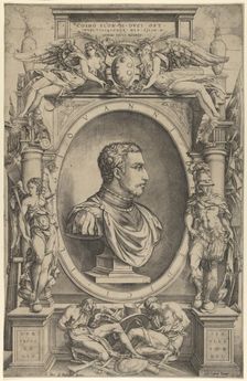Portrait of Giovanni de Medici facing right within an elaborate cartouche flanked by Vict..., 1550. Creator: Enea Vico