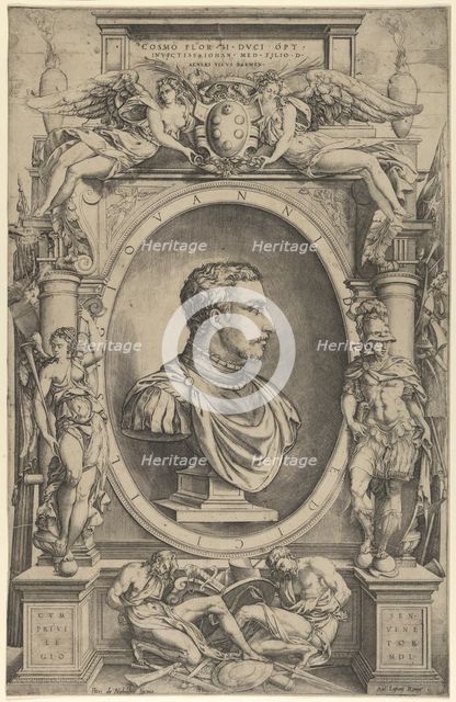 Portrait of Giovanni de' Medici facing right within an elaborate cartouche flanked by Vict..., 1550. Creator: Enea Vico.