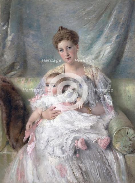 Portrait of Grand Duchess Maria Georgievna with Her Daughter Nina, 1901. Creator: Konstantin Makovsky.