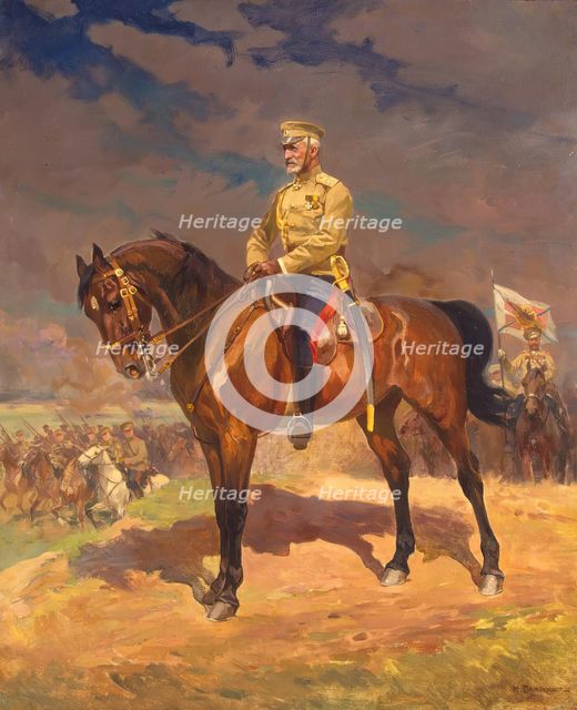 Portrait of Grand Duke Nikolai Nikolayevich (the Younger) on Horseback, 1915. Creator: Nikolay Samokysh.