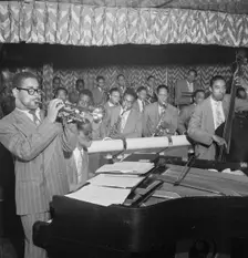 Portrait of Dizzy Gillespie, John Lewis, Cecil Payne, Miles Davis, and Ray Brown..., New York, 1946. Creator: William Paul Gottlieb