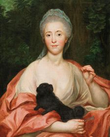 Portrait of Duchess Mariana de Silva-Bazán y Sarmiento (1739-1784), with dog, ca 1760. Creator: Mengs, Anton Raphael (1728-1779)
