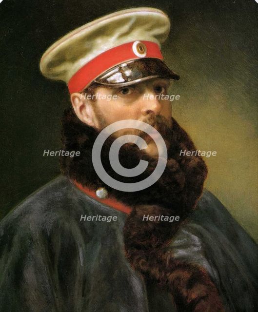 Portrait of Emperor Alexander II Wearing the ‘Nicholas’ Battle Greatcoat and the Peaked Cap...,1888 Creator: Monogrammist "?.?.".