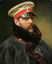 Portrait of Emperor Alexander II Wearing the Nicholas Battle Greatcoat and the Peaked Cap...,1888 Creator: Monogrammist "?.?."